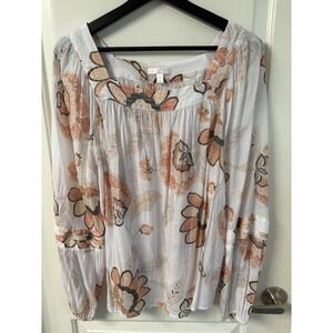 Boho Square Neck Peasant Blouse Women Large Long Sleeve Lightweight Floral  EUC